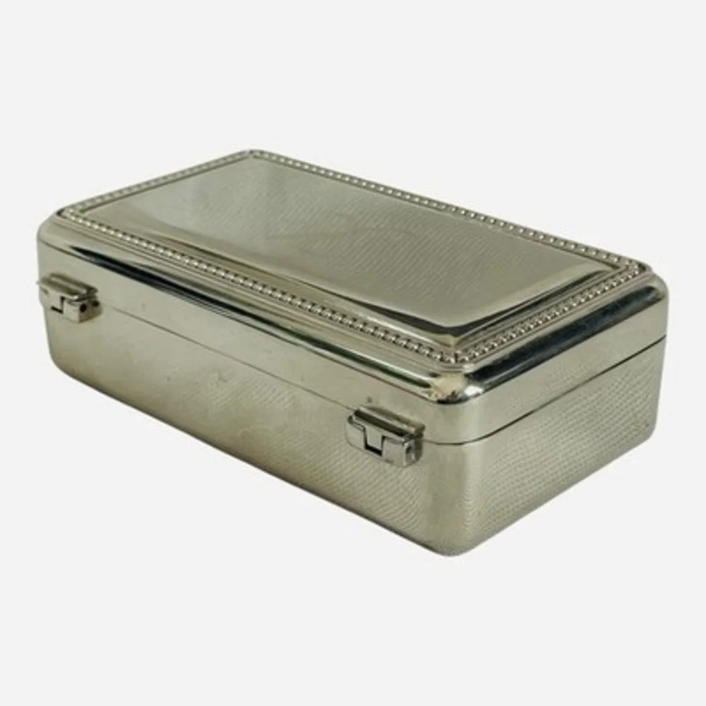 Silver Plated Jewelry Box Monogram K Textured Lid Grey Velvet Mirror Ring Holder